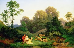 Herder en herderin in een Duits landschap, 1844